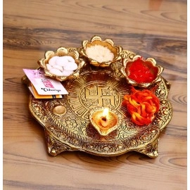 Pooja Thali with Diya Gold Plated for Home and Office Temple and Pooja Item 
