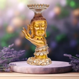 Welno Big Size Golden Gautam Buddha Head Statue in Hand for Living Room Home Decor Idol Murti with Tealight Candle Holder